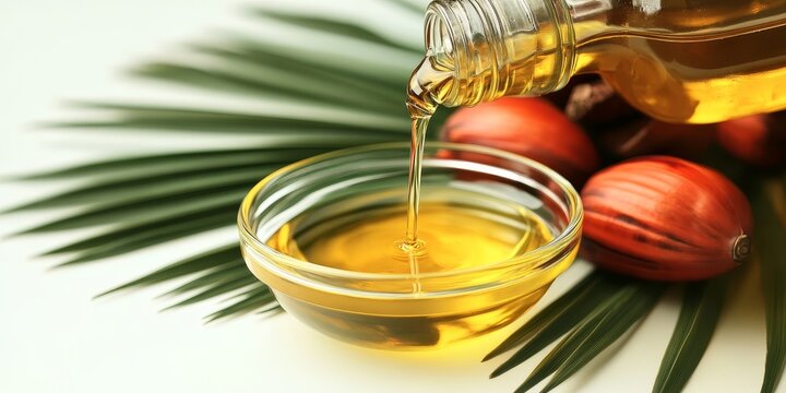 Closeup of palm oil being poured from a bottle into a glass bowl, accompanied by fresh palm fruit and a green palm leaf, all isolated against a white background showcasing palm oil.