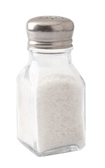 Salt shaker isolated. Heap of organic salt on white background.