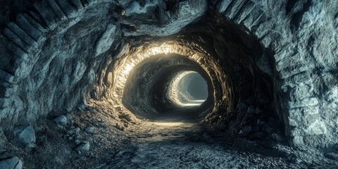 Ancient abandoned chalky mine tunnel featuring distinct chalky textures, conveying the mystery of old mining experiences within a unique chalky environment. Explore the allure of this chalky mine