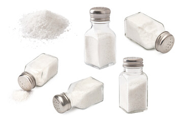 Salt shaker and heap of salt isolated. Set of salt on white background.