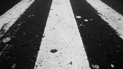A photo of a faded pedestrian crosswalk on a dark road, showing worn white lines with irregular patterns. The black and white image conveys a calm, melancholic tone.