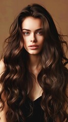 Naklejka premium A woman with long wavy hair and natural makeup wears a black crop top in a close-up image. Gradient background from light brown to white.