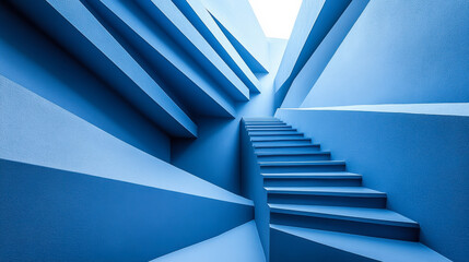 Naklejka premium Blue stairway leading upward with geometric angles and sunlight illuminating the interior at an art installation