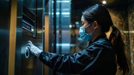 A focused woman in an office building at night wearing a mask and gloves presses an elevator button, creating a bleak atmosphere.
