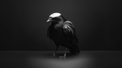 Black and white bird with sharp angular features with strong contrasts and simplified details on a blank black background.