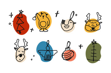 set of hand drawn outline holiday christmas icons. Doodle childish elements. collection of hand drawn vector winter festive clip arts. Simple holidays elements for card, poster, packaging etc