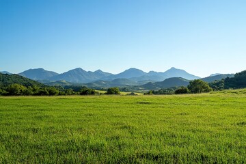 Obraz premium Panoramic view of lush green field and distant mountains