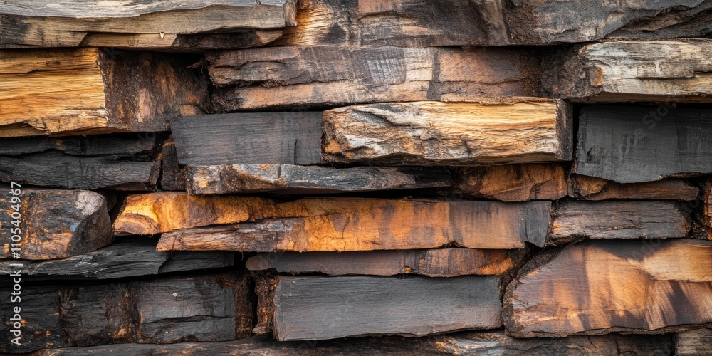Aufkleber close up image showcasing a detailed stack of wood, highlighting the textures and colors found in th
