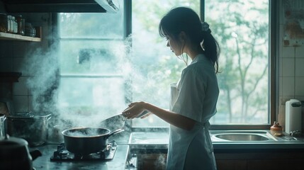 Atmospheric scene of a young woman cooking in a steamy kitchen. Soft natural light streams through window as she prepares food, creating a peaceful domestic moment filled with gentle vapor