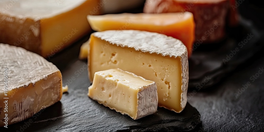 Poster Cheese displayed on a slate surface, highlighting the rich texture and color of the cheese. This close up of cheese showcases its unique characteristics and appealing details.