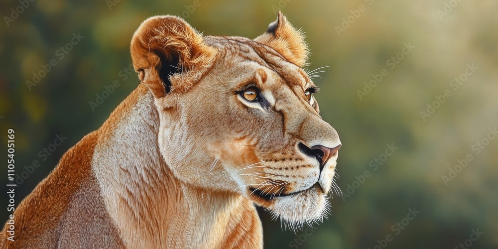 Poster portrait of a lioness captured in the morning light, showcasing the graceful beauty and powerful pre