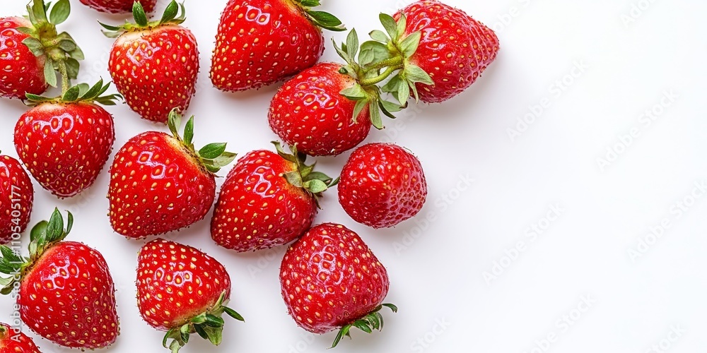 Poster close up view of fresh strawberries resting on a white background, showcasing the vibrant color and 
