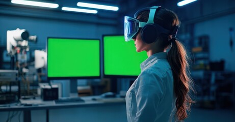 Female engineer wearing a helmet, standing in a modern, well-equipped factory office with two monitors and a green screen. Side view, full-body shot, high-resolution photography,