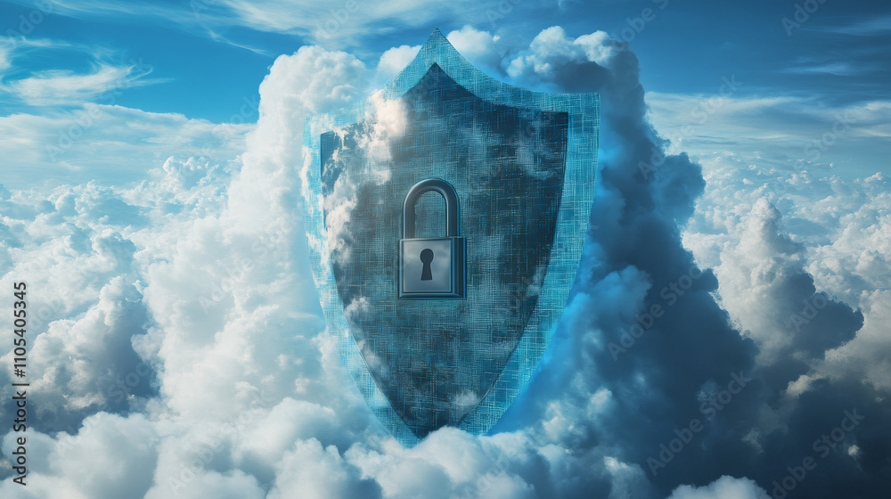 Poster digital security shield with padlock is protecting cloud data in a bright blue sky with white clouds
