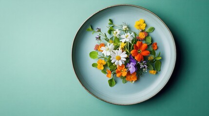 Flowers used as garnish in a dish, set on a serene green backdrop for elegance