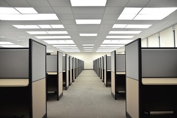 Obraz premium Empty office cubicle space stretches out in long hallway. Rows of beige, gray cubicles line corridor. Modern lighting illuminates minimalist workspace. Scene evokes feeling of emptiness, quiet in