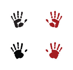 A set of a silhouette handprint On white background. A red blood hand finger print.