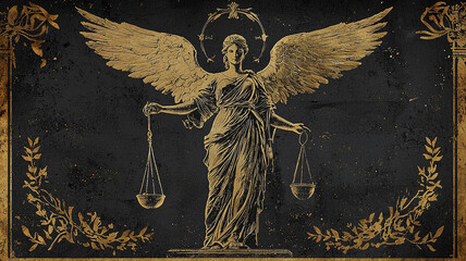 Justice personified ai generated imagery of a winged figure holding scales artful representation of law vintage aesthetic