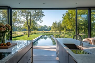 Fototapeta premium Elegant kitchen and dining with panoramic garden and pool views