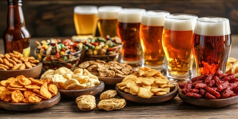 Naklejka premium An assortment of snacks perfectly paired with light beer, featuring a colorful display of tasty options ideal for enjoying alongside a refreshing glass of light beer.