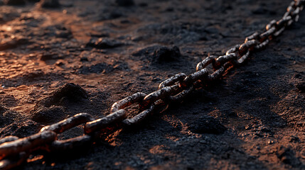 Broken chains symbolizing the end of slavery, lying on scorched ground, 8k, hyper realistic