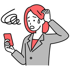 スマートフォンの操作でトラブルになるスーツの女性