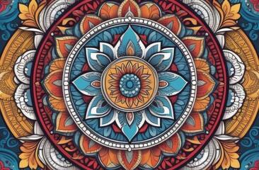 Fototapeta premium A detailed mandala artwork featuring a central floral design in blue, orange, and yellow tones, surrounded by layers of intricate patterns and decorative elements symbolizing balance and unity