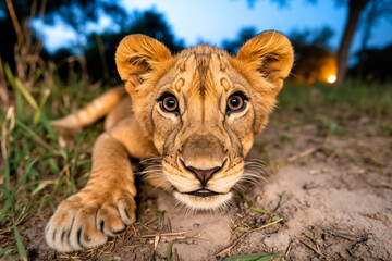 A lion cub laying on the ground looking at the camera