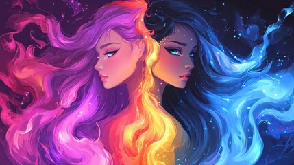 Celestial duo, colorful emotional expression illustration