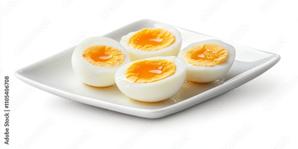 Poster soft boiled egg and hard boiled chicken egg presented on a white plate against a white background. t