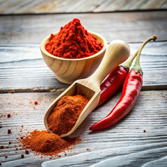 Chili powder placed in a small bowl, surrounded by whole red peppers and a piece of wood,
