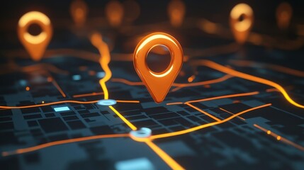 Fototapeta premium Detailed 3D Visualization of Navigation Markers and Digital Map Elements with Bright Orange Accents Representing Modern Location Services and Smart City Technology