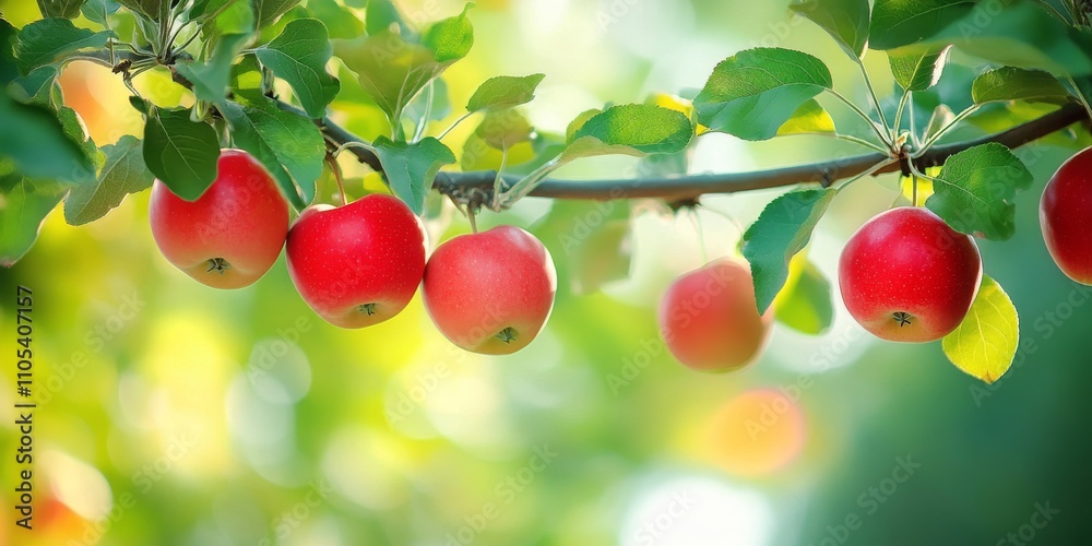 Poster apples and leaves adorn tree branches in a vibrant garden, showcasing the beauty of apples and leave