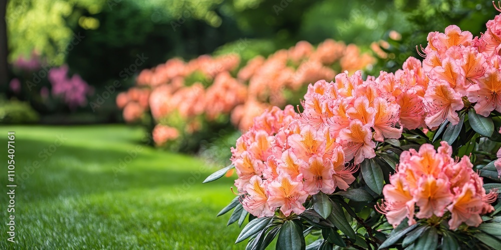 Aufkleber vibrant rhododendron flowers in full bloom create a stunning display in a garden. the blooming rhodo