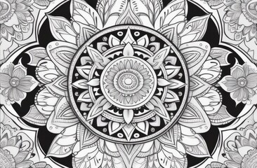 A stunning black and white mandala with an intricate floral and geometric design featuring symmetrical patterns, creating a sense of harmony and elegance in detailed artistry