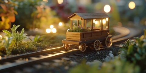 A miniature cart positioned on the rails, showcasing the unique design of the small cart on the rails, emphasizing the charm and functionality of the small cart on the rails in different settings.