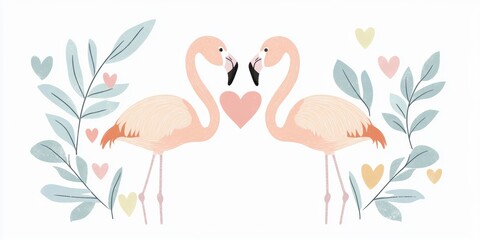 Naklejka premium Two flamingos facing each other with hearts and leaves in a soft design.