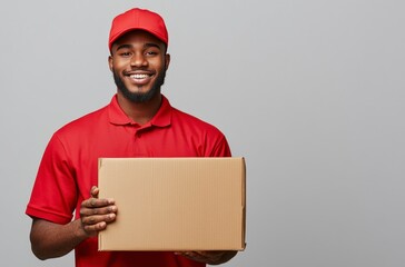 Smiling Black delivery man in red uniform holds a plain cardboard box against a gray background.