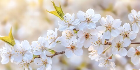 Obraz premium Blooming cherry blossoms display stunning white flowers in spring under bright sunlight, creating a picturesque scene of blooming cherry beauty on a lovely sunny day.