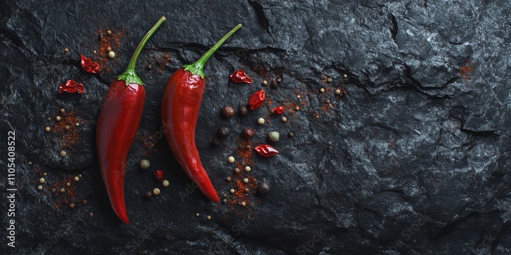 Poster two vibrant hot chili peppers adorned with various spices rest on a dark stone slab, creating a deli