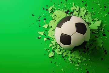 Soccer Ball Breaking Through Green Abstract Sports Background