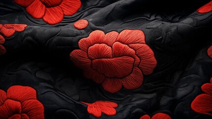 Red embroidered floral patterns on textured black fabric, featuring detailed threadwork and intricate design elements, creating a luxurious and elegant visual appearance.