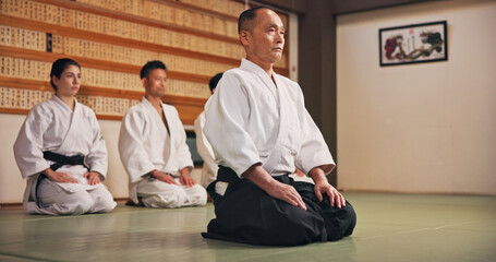 Kneeling, greeting and people in martial arts studio for practice, training or self defense class. Culture, karate and group of students with respect or etiquette gesture to master in dojo for honor. © peopleimages.com