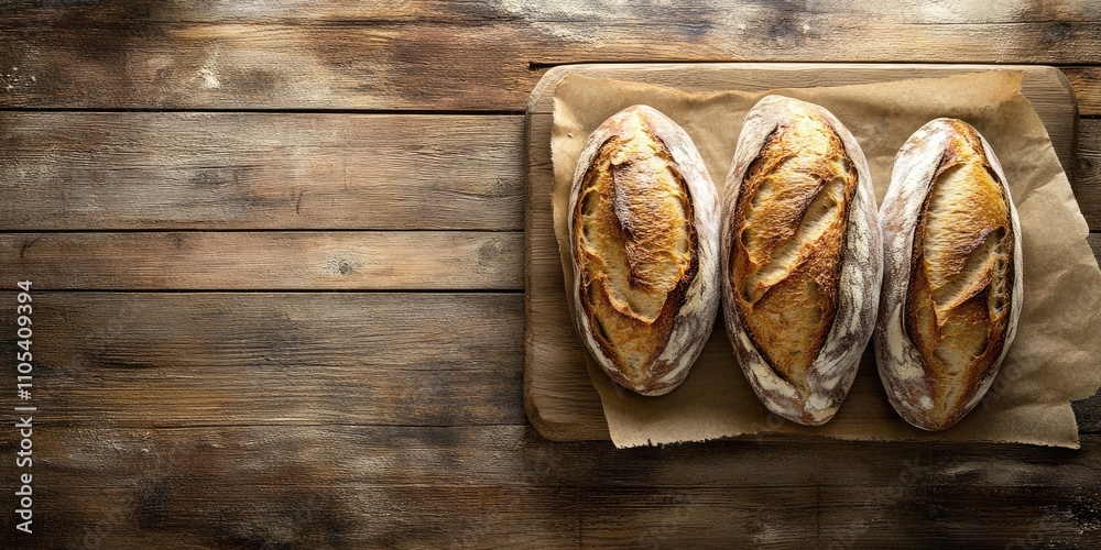 Poster freshly baked bread displayed on a rustic wooden background, showcasing the appetizing texture and g