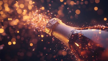 A sparkling champagne bottle erupts with bubbles, creating a festive and celebratory atmosphere. Perfect imagery for celebrations, parties, and special occasions.