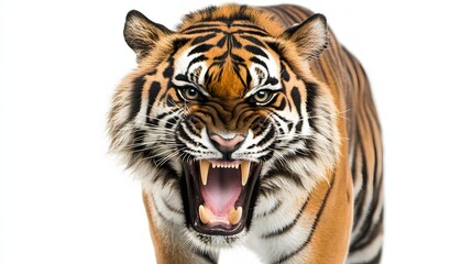 Fototapeta premium Close-up of a majestic tiger with its mouth open, revealing sharp teeth. The orange and black stripes are clearly visible against a white background.