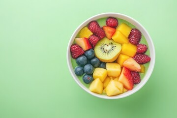 Bright mixed fruit bowl on green background