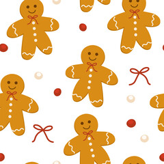 Gingerbread man seamless pattern. Christmas cookies, ginger biscuits, candies, Xmas sweets, spices background. Winter holiday bakery and treats, repeating print. Colored flat vector illustration