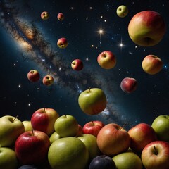 "A surreal arrangement of fruits floating in space, including apples, pears, and melons, with stars and galaxies in the background."