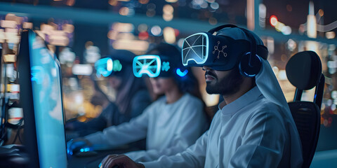 Immersive VR Gaming Experience: People wearing headsets interact in a futuristic cityscape at night, showcasing advanced virtual reality technology.